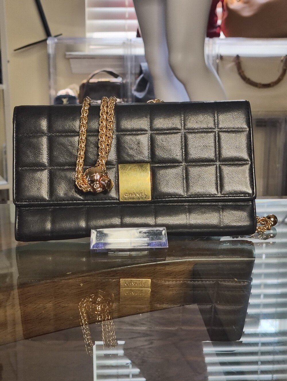 Black Vintage CHANEL Chocolate Bar Lambskin Wallet On Chain WOC